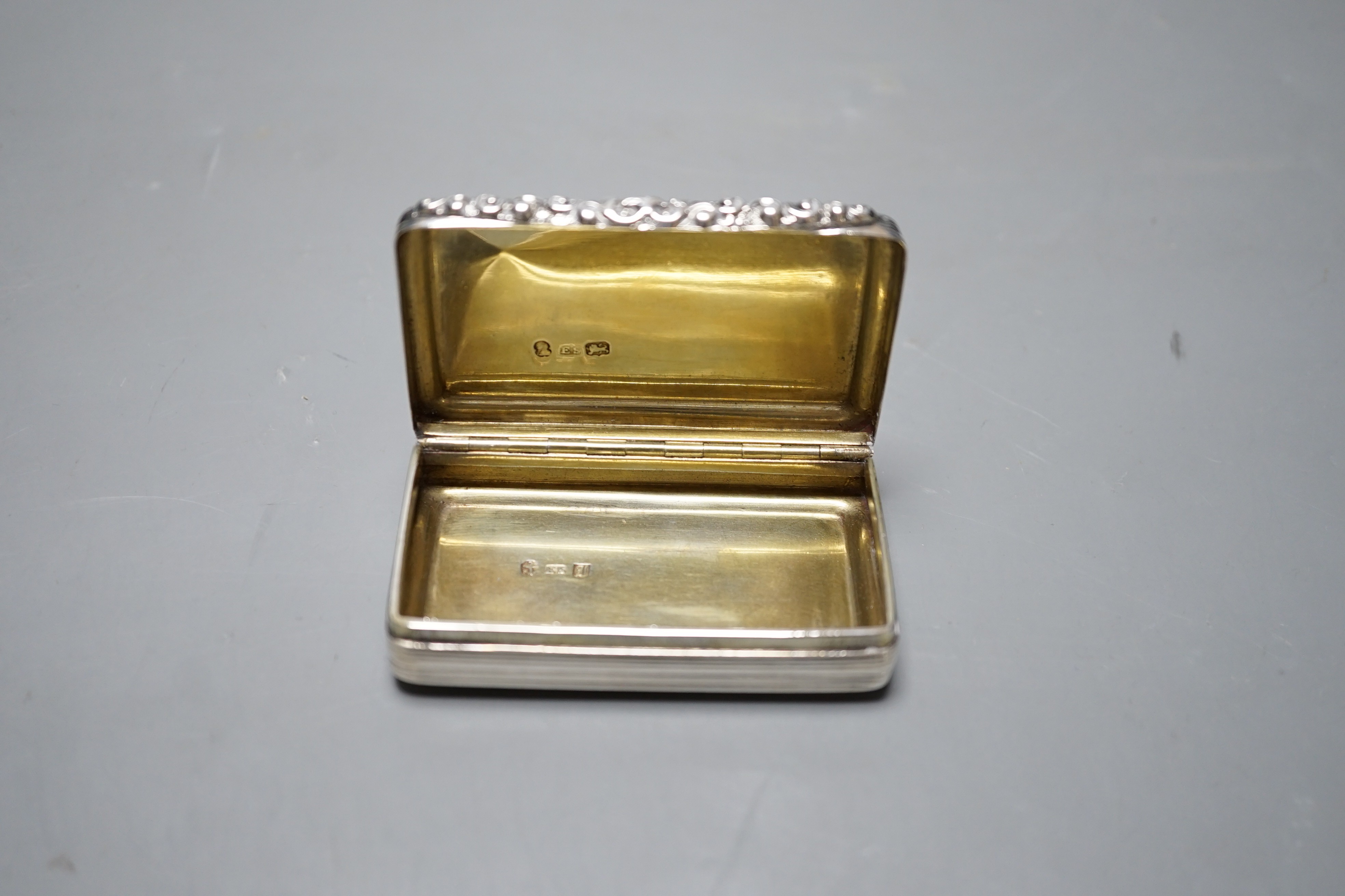 A William IV engraved silver rectangular snuff box, Edward Smith, Birmingham, 1832, 75mm.